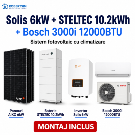 Sistem fotovoltaic monofazat cu invertor Solis 6kW + baterie STELTEC 10.2kWh + panouri AIKO + aer conditionat Bosch 3000i 12000BTU [1]