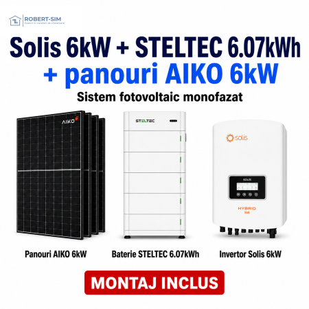Sisteme Fotovoltaice - Sistem fotovoltaic monofazat cu invertor Solis 6kW + baterie STELTEC 6.07kWh + panouri AIKO