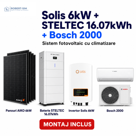 Sisteme Fotovoltaice - Sistem fotovoltaic monofazat cu invertor Solis 6kW + baterie STELTEC exterior 16.07kWh + panouri AIKO + aer conditionat Bosch 2000