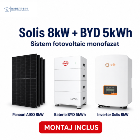 Sisteme Fotovoltaice - Sistem fotovoltaic monofazat cu invertor Solis 8kW + baterie BYD 5kWh + panouri AIKO