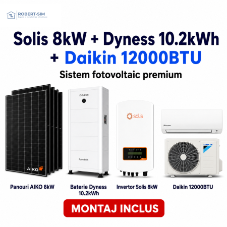 Sisteme Fotovoltaice - Sistem fotovoltaic monofazat cu invertor Solis 8kW + baterie Dyness 10.2kWh + panouri AIKO + aer conditionat Daikin 12000BTU
