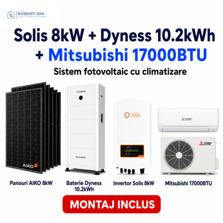 Sisteme Fotovoltaice - Sistem fotovoltaic monofazat cu invertor Solis 8kW + baterie Dyness 10.2kWh + panouri AIKO + aer conditionat Mitsubishi 17000BTU