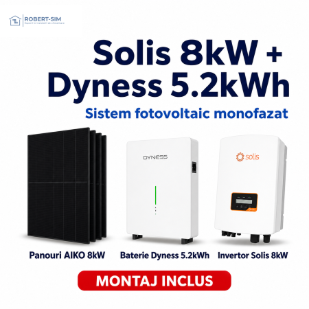 Sisteme Fotovoltaice - Sistem fotovoltaic monofazat cu invertor Solis 8kW + baterie Dyness 5.2kWh + panouri AIKO