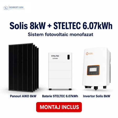 Sisteme Fotovoltaice - Sistem fotovoltaic monofazat cu invertor Solis 8kW + baterie STELTEC 6.07kWh + panouri AIKO