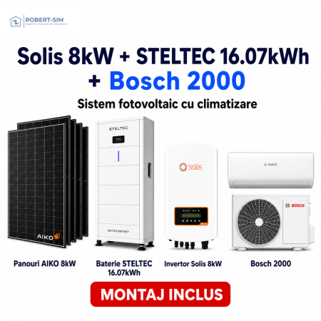 Sisteme Fotovoltaice - Sistem fotovoltaic monofazat cu invertor Solis 8kW + baterie STELTEC exterior 16.07kWh + panouri AIKO + aer conditionat Bosch 2000
