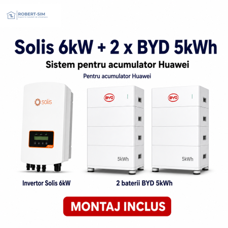 Sisteme Fotovoltaice - Sistem pentru acumulator Huawei cu invertor Solis 6kW + 2 baterii BYD 5kWh