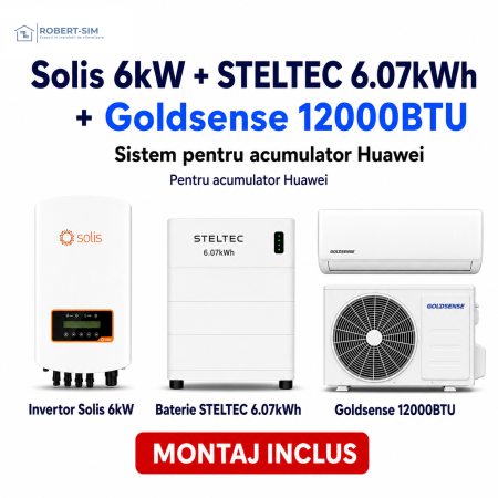 Sisteme Fotovoltaice - Sistem pentru acumulator Huawei cu invertor Solis 6kW + baterie STELTEC 6.07kWh + aer conditionat Goldsense 12000BTU
