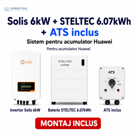 Sisteme Fotovoltaice - Sistem pentru acumulator Huawei cu invertor Solis 6kW + baterie STELTEC 6.07kWh + ATS inclus