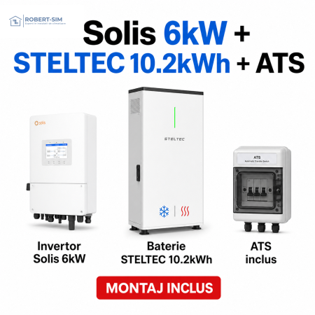 Sisteme Fotovoltaice - Sistem pentru acumulator Huawei cu invertor Solis 6kW + baterie STELTEC exterior 10.2kWh + ATS