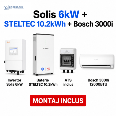 Sisteme Fotovoltaice - Sistem pentru acumulator Huawei cu invertor Solis 6kW + baterie STELTEC exterior 10.2kWh + ATS + aer conditionat Bosch 3000i 12000BTU