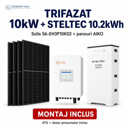 Sisteme Fotovoltaice - Sistem trifazat cu invertor Solis S6-EH3P10K02-NV-YD-L + baterie STELTEC exterior 10.2kWh + panouri AIKO