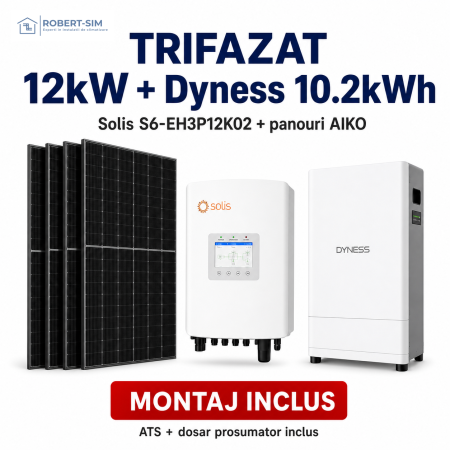 Sisteme Fotovoltaice - Sistem trifazat cu invertor Solis S6-EH3P12K02-NV-YD-L + baterie Dyness exterior 10.2kWh + panouri AIKO