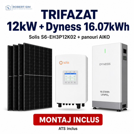 Sisteme Fotovoltaice - Sistem trifazat cu invertor Solis S6-EH3P12K02-NV-YD-L + baterie Dyness exterior 16.07kWh + panouri AIKO