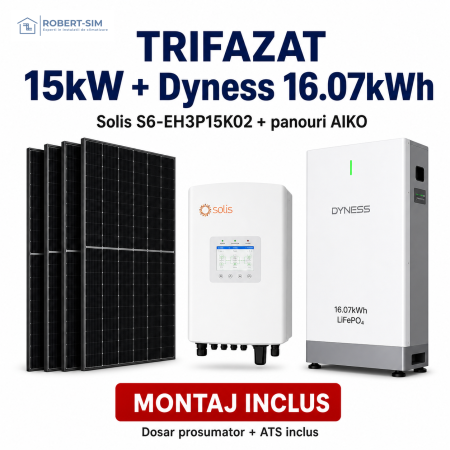 Sisteme Fotovoltaice - Sistem trifazat cu invertor Solis S6-EH3P15K02-NV-YD-L + baterie Dyness exterior 16.07kWh + panouri AIKO