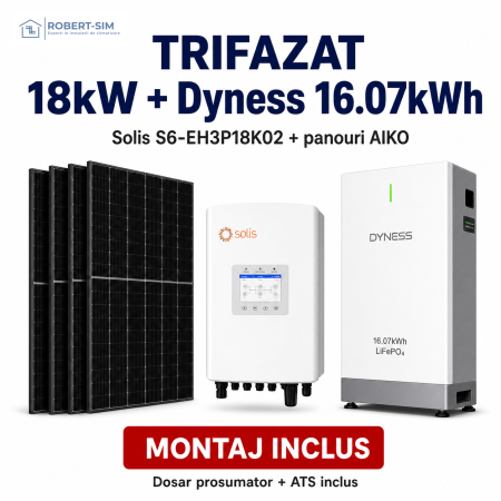 Sisteme Fotovoltaice - Sistem trifazat cu invertor Solis S6-EH3P18K02-NV-YD-L + baterie Dyness exterior 16.07kWh + panouri AIKO