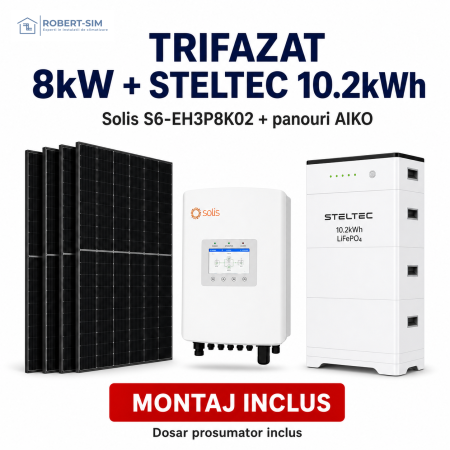Sisteme Fotovoltaice - Sistem trifazat cu invertor Solis S6-EH3P8K02-NV-YD-L + baterie STELTEC exterior 10.2kWh + panouri AIKO