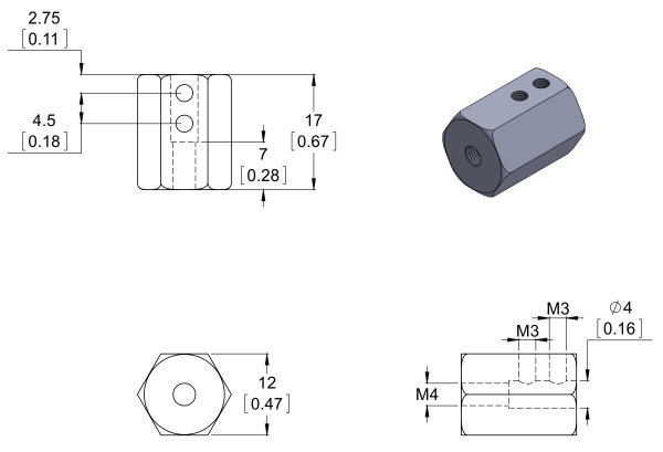 Adaptor pentru ax de 4 mm la ax de 12mm hexagonal. Lungime 17 mm (2-pack) [3]