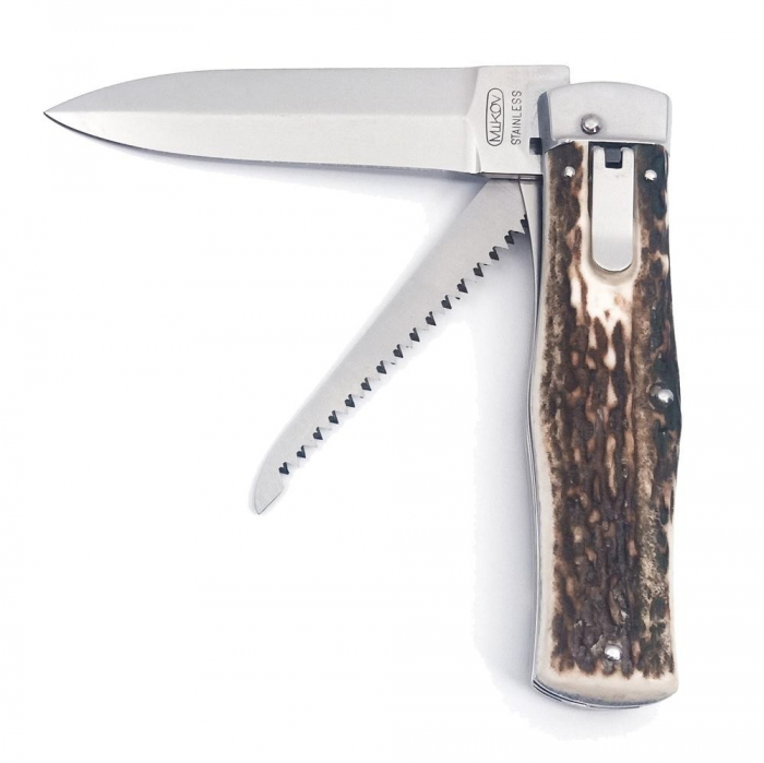 Briceag Mikov Switchblade Predator inoxidabil cu ferastrau, maner corn de cerb, teaca piele [5]