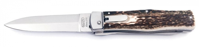 Briceag Mikov Switchblade Predator inoxidabil cu ferastrau, maner corn de cerb, teaca piele [4]