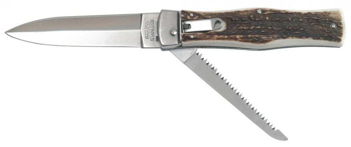 Briceag Mikov Switchblade Predator inoxidabil cu ferastrau, maner corn de cerb, teaca piele [2]