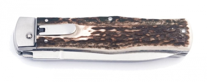 Briceag Mikov Switchblade Predator inoxidabil cu ferastrau, maner corn de cerb, teaca piele [3]