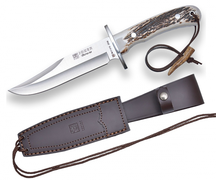 Cutit Joker Bowie cu teaca piele, lama 16 cm otel inox, maner corn cerb [4]