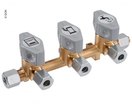 Robineti fitinguri si accesorii - Supapă de închidere cu acțiune rapidă cu 3 căi pentru intrare de 10 mm și ieșiri de 8 mm