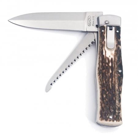 Briceag Mikov Switchblade Predator inoxidabil cu ferastrau, maner corn de cerb, teaca piele [4]