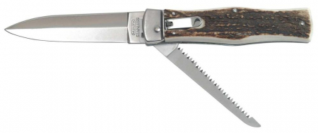 Briceag Mikov Switchblade Predator inoxidabil cu ferastrau, maner corn de cerb, teaca piele [1]
