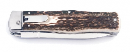 Briceag Mikov Switchblade Predator inoxidabil cu ferastrau, maner corn de cerb, teaca piele [2]
