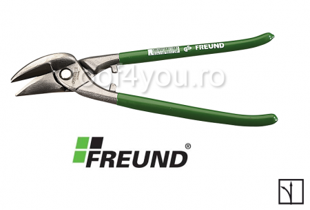 Foarfeci stanga - Foarfeca tabla taiere in linie dreapta sau la stanga, maner PVC verde, lungime 260mm, max. 1,2mm titan zinc si 0,8mm otel prevopsit, Freund