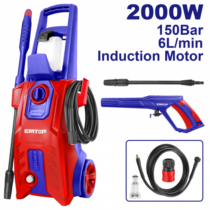 Aparat de spalat cu presiune, 230V, 150 bar, 2000W, 6L/min, motor cupru, accesorii incluse, EMTOP [1]