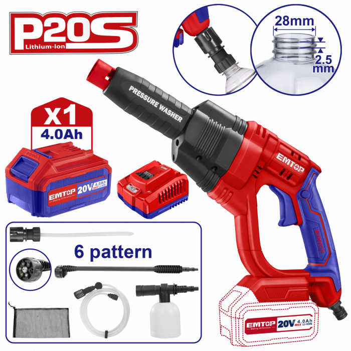 Aparat de spalat cu presiune, acumulator 20V, 4.0Ah, Li-ION, 24bar, accesorii, ELPW202501 EMTOP [2]