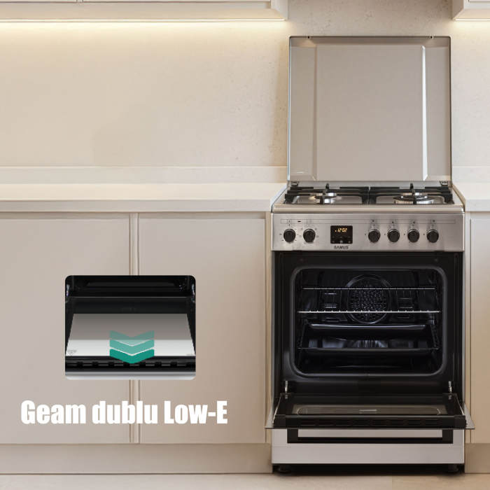 Aragaz mixt, 4 arzatoare gaz, aprindere electrica, lumina, cuptor electric, grill, timer, cuptor 56L, 7 functii, INOX, SAMUS [17]