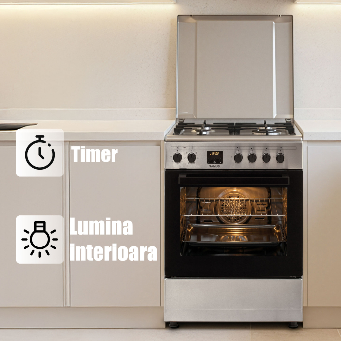 Aragaz mixt, 4 arzatoare gaz, aprindere electrica, lumina, cuptor electric, grill, timer, cuptor 56L, 7 functii, INOX, SAMUS [15]