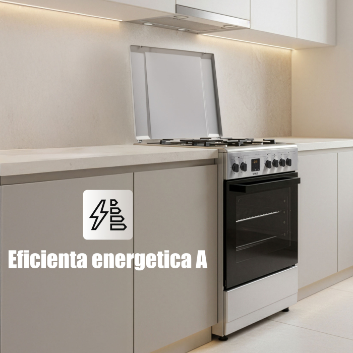 Aragaz mixt, 4 arzatoare gaz, aprindere electrica, lumina, cuptor electric, grill, timer, cuptor 56L, 7 functii, INOX, SAMUS [9]