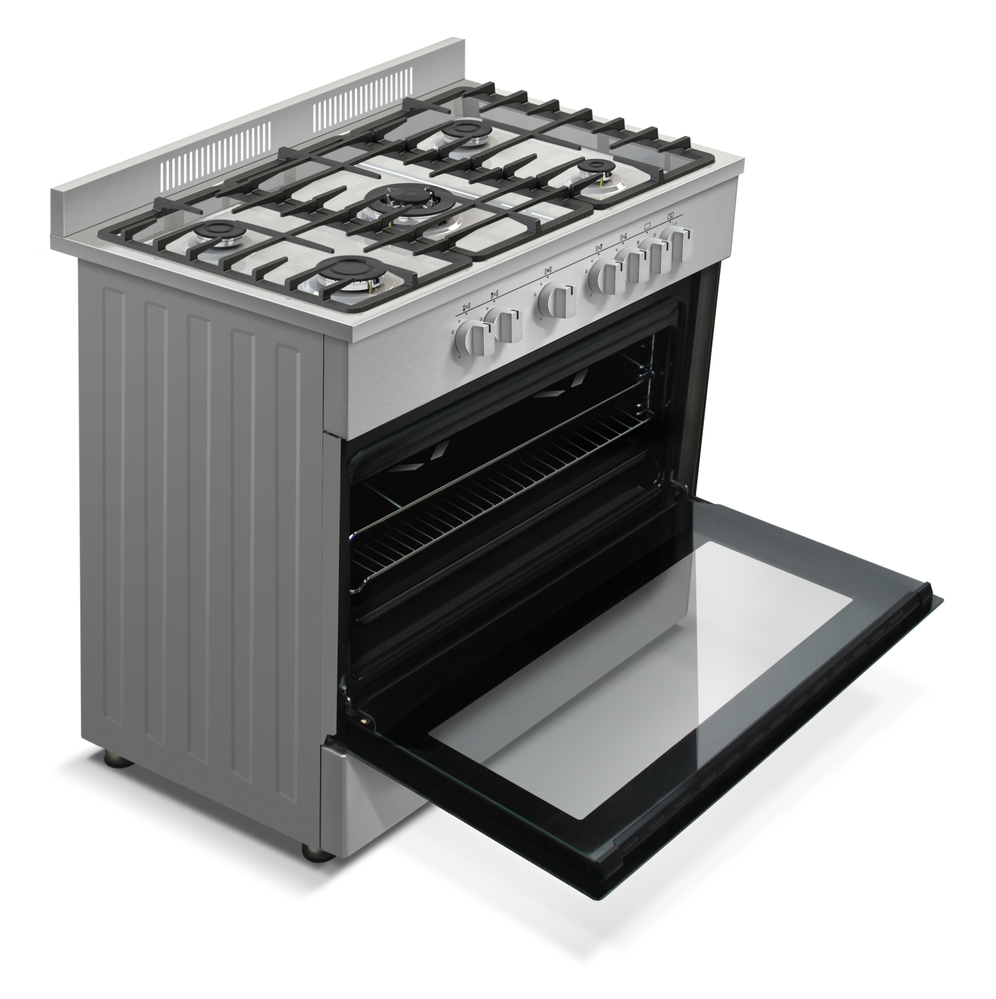 Aragaz cu cuptor electric, 110 l, 5 arzatoare, WOK (flacara tripla), aprindere electrica, lumina, rotisor, grill, gratare fonta, INOX, NOBELTEK [3]