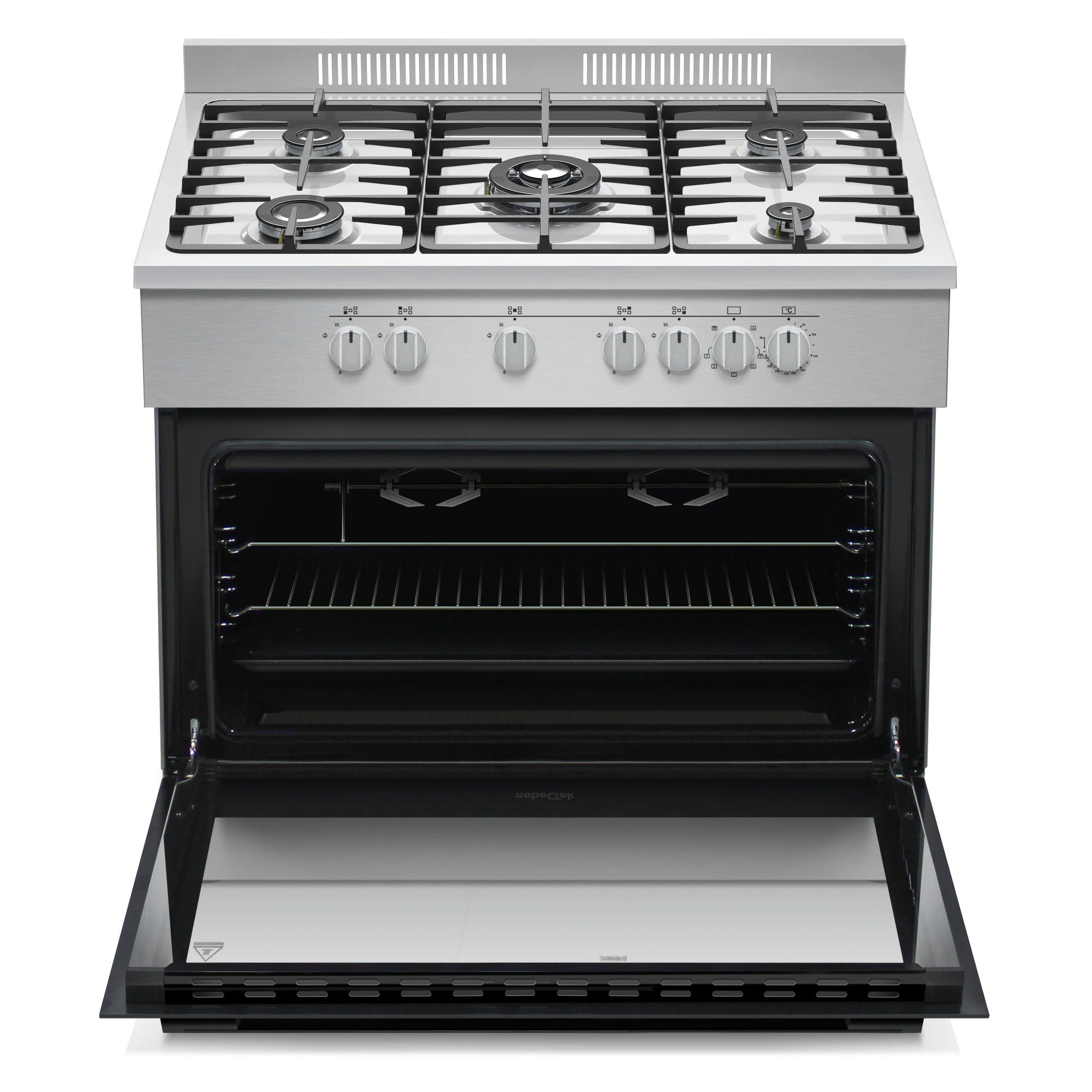 Aragaz cu cuptor electric, 110 l, 5 arzatoare, WOK (flacara tripla), aprindere electrica, lumina, rotisor, grill, gratare fonta, INOX, NOBELTEK [2]