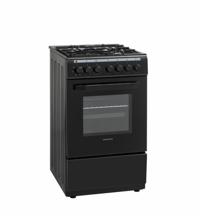 Aragaz cu cuptor electric, 4 arzatoare gaz, 50 x 60 cm, aprindere electrica, lumina, ventilatie, grill, timer, 6 functii, Negru, HEINNER [2]