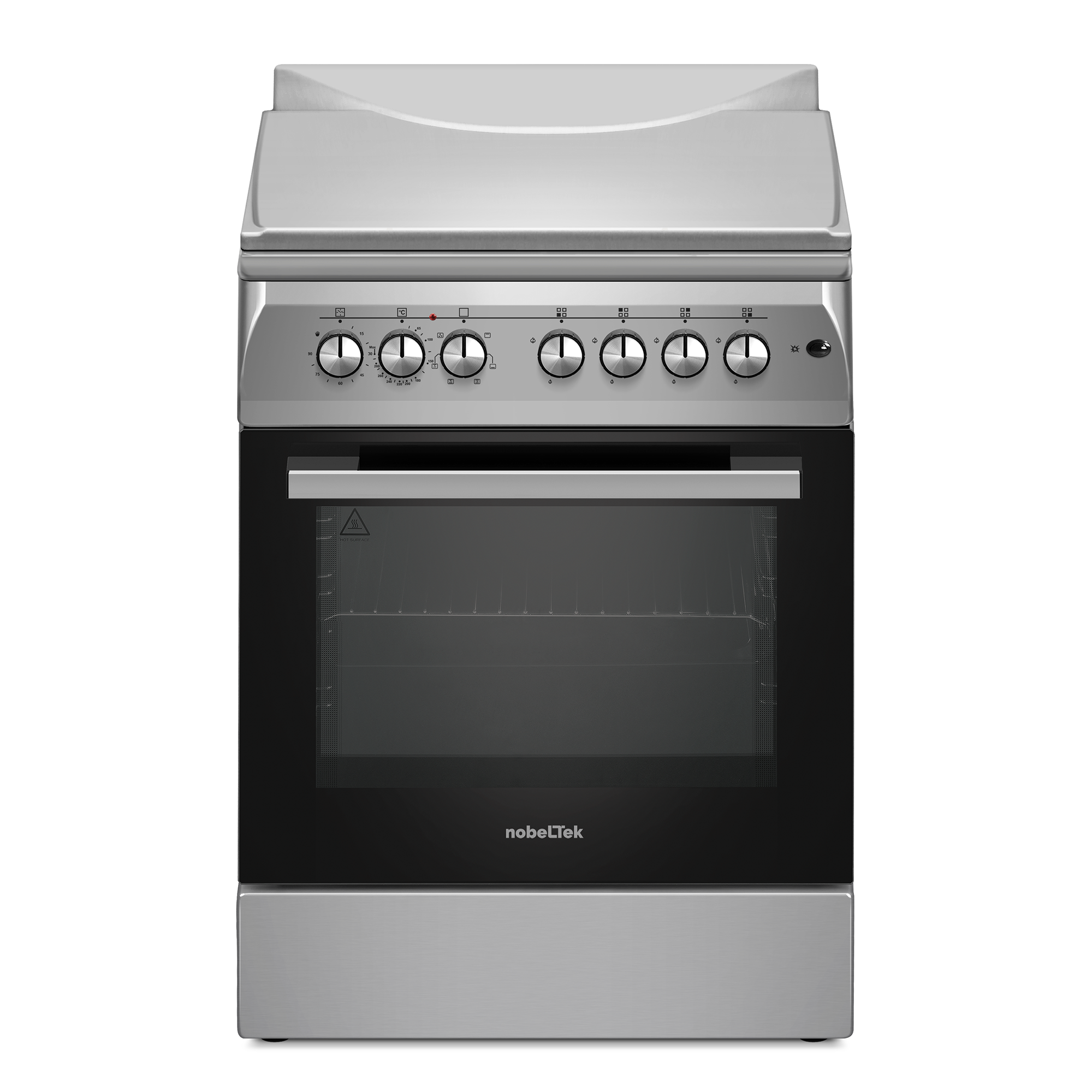 Aragaz cu cuptor electric, 4 arzatoare gaz, 60 cm, gratare fonta, aprindere electrica, ventilator, lumina cuptor, timer, Argintiu, NOBELTEK [2]