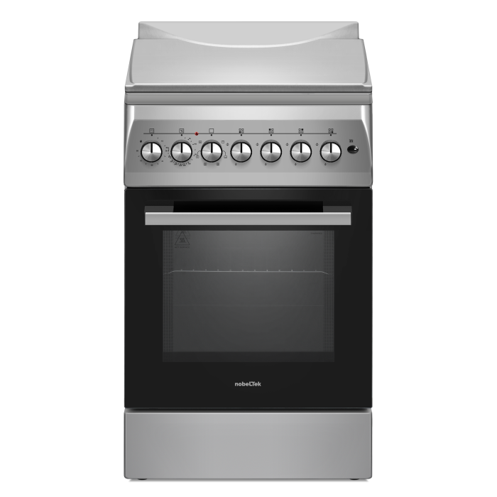Aragaz cu cuptor electric, 4 arzatoare gaz, gratare fonta, aprindere electrica, ventilator, lumina cuptor, timer, Argintiu, NOBELTEK [2]