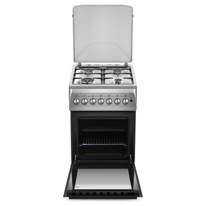 Aragaz cu cuptor electric, 4 arzatoare gaz, gratare fonta, aprindere electrica, ventilator, lumina cuptor, timer, Argintiu, NOBELTEK [3]