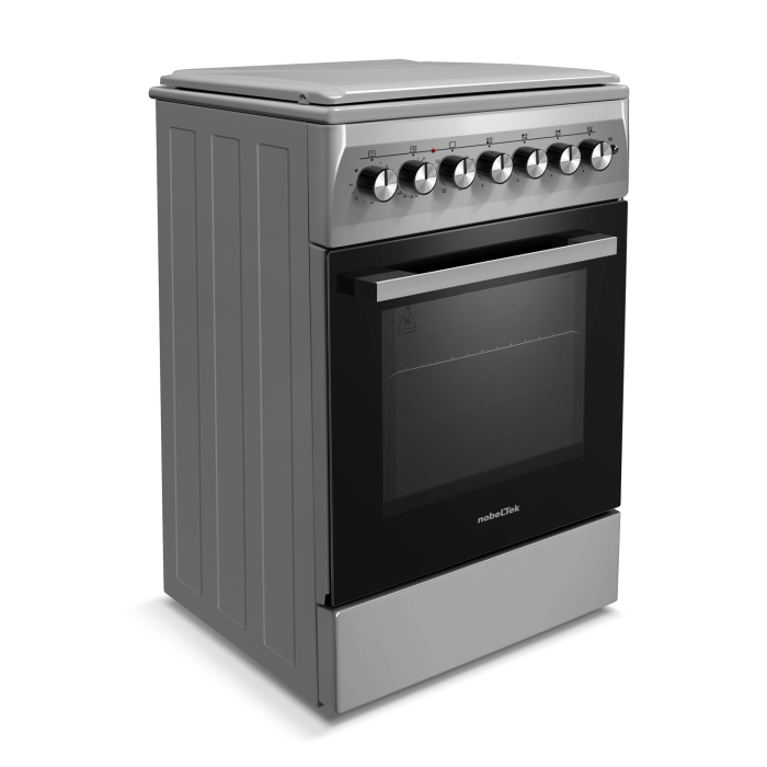 Aragaz cu cuptor electric, 4 arzatoare gaz, gratare fonta, aprindere electrica, ventilator, lumina cuptor, timer, Argintiu, NOBELTEK [5]
