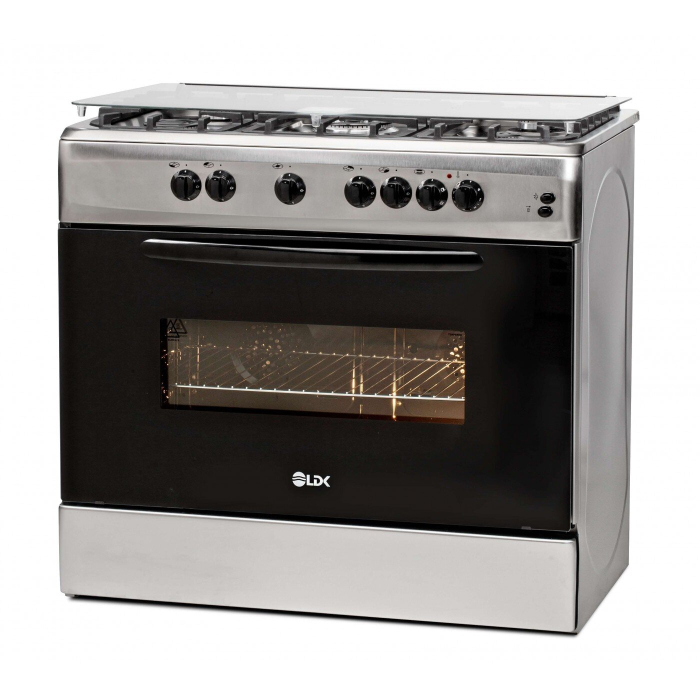 Aragaz cu cuptor electric, 5 arzatoare gaz, gratare fonta, 90 x 60 cm, ventilatie dubla, aprindere electrica, iluminare, Inox, LDK [2]