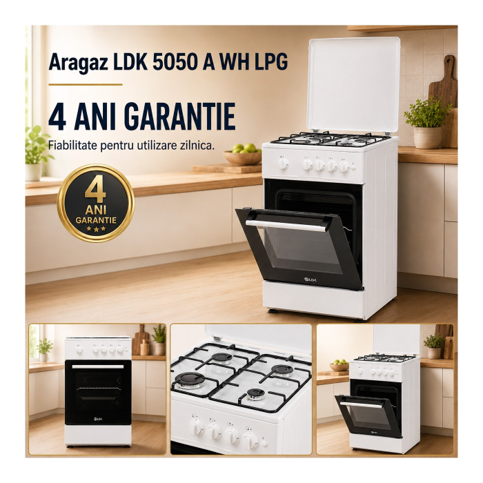 Aragaz cu cuptor pe gaz, 4 arzatoare, aprindere electrica, capac metalic, 50 x 50 cm, GPL + GN, Alb, LDK [6]