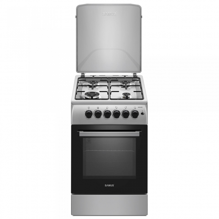 Aragaz cu cuptor pe gaz, 4 arzatoare, aprindere electrica, timer, Gpl/Gaz natural, Inox, Samus [1]