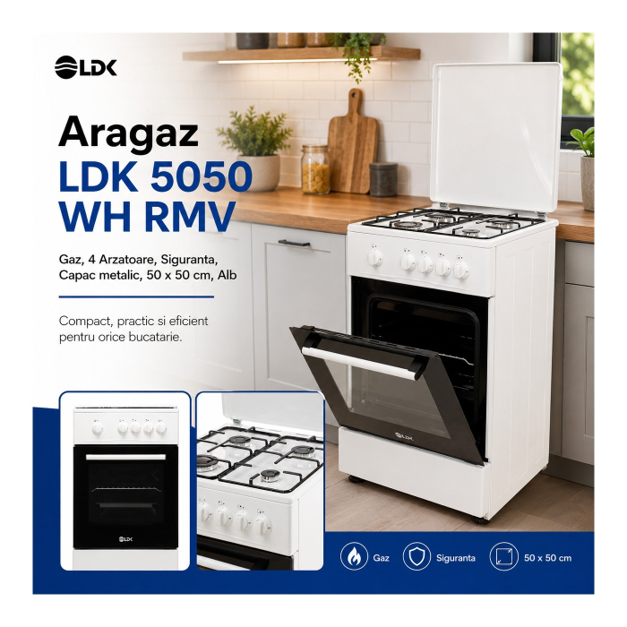Aragaz cu cuptor pe gaz, 4 arzatoare, capac metalic, 50 x 50 cm, GPL + GN, Alb, LDK [4]