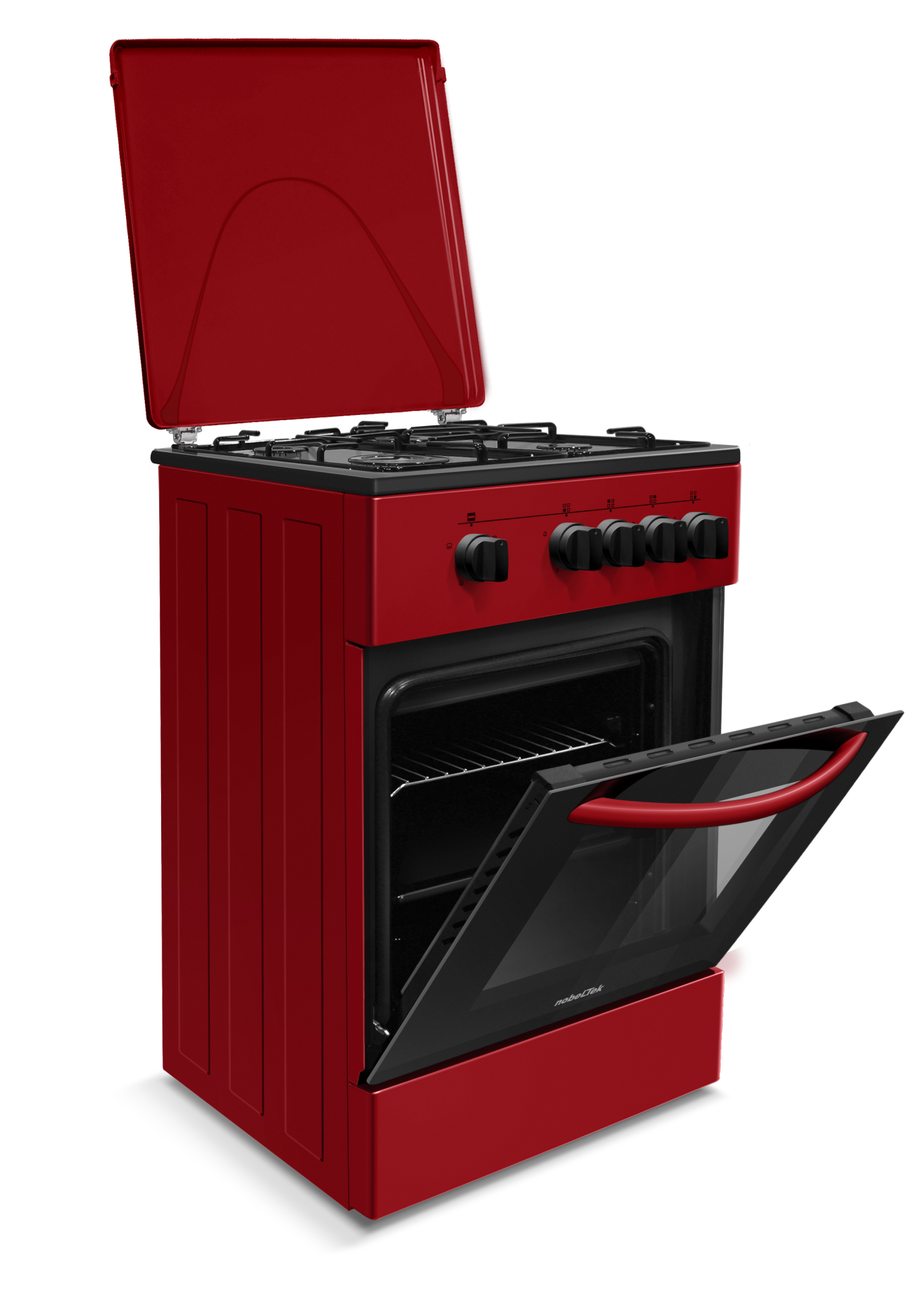 Aragaz cu cuptor pe gaz, 4 arzatoare, GPL, 50 x 55 cm, siguranta gaz, capac metalic, email, Rosu, NOBELTEK [4]