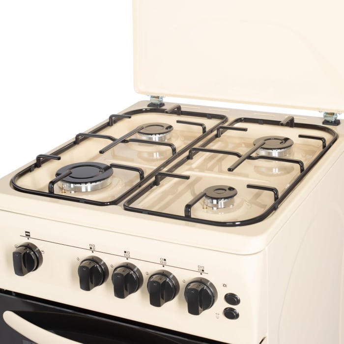 Aragaz cu cuptor pe gaz, 4 arzatoare, GPL, 50 x 60 cm, siguranta gaz, capac metalic, rotisor, grill, Bej, NOBELTEK [5]