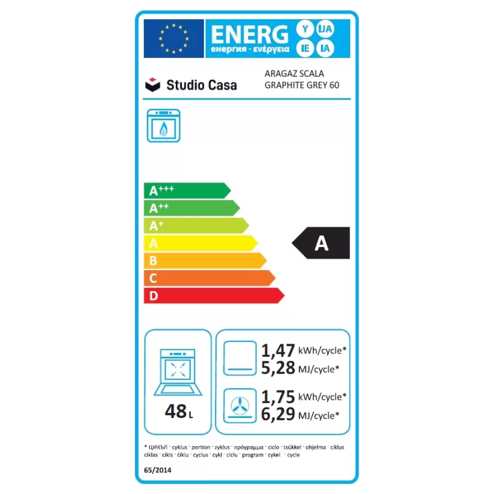 Aragaz cu cuptor pe gaz, 4 arzatoare, grill electric, rotisor, 60 x 60 cm, gratare fonta, clasa A, aprindere electrica, gri, Studio Casa Scala Graphite Grey [7]